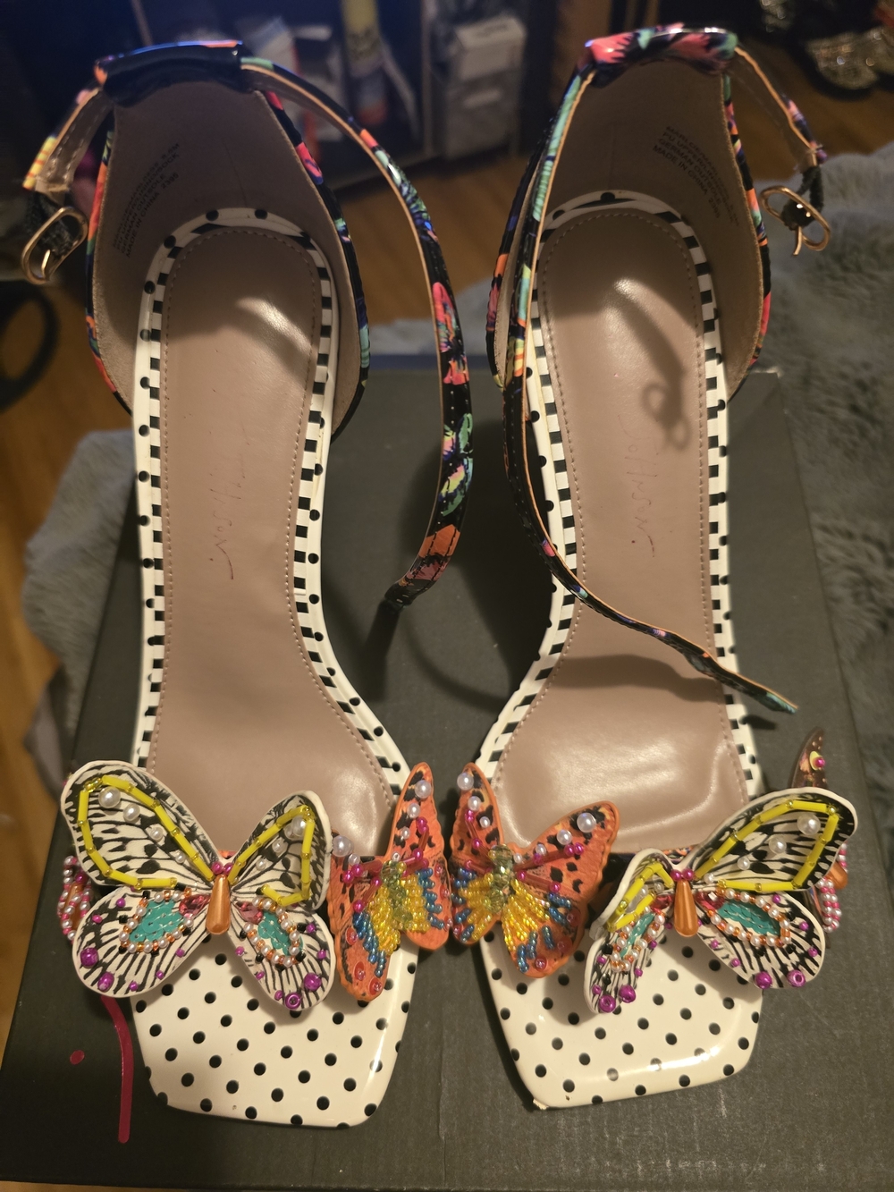 Betsey Johnson White Polka Dot Heels with Multicolor Butterfly Embellishments